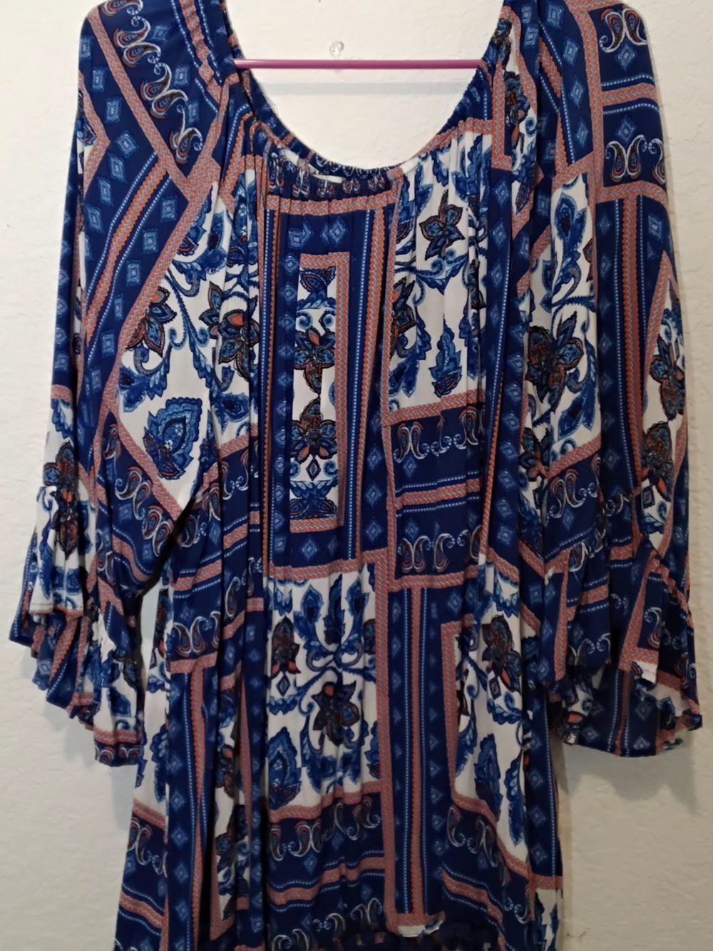 Boho Floral Patchwork Peasant Top - Blue & White Plus Size 26/28